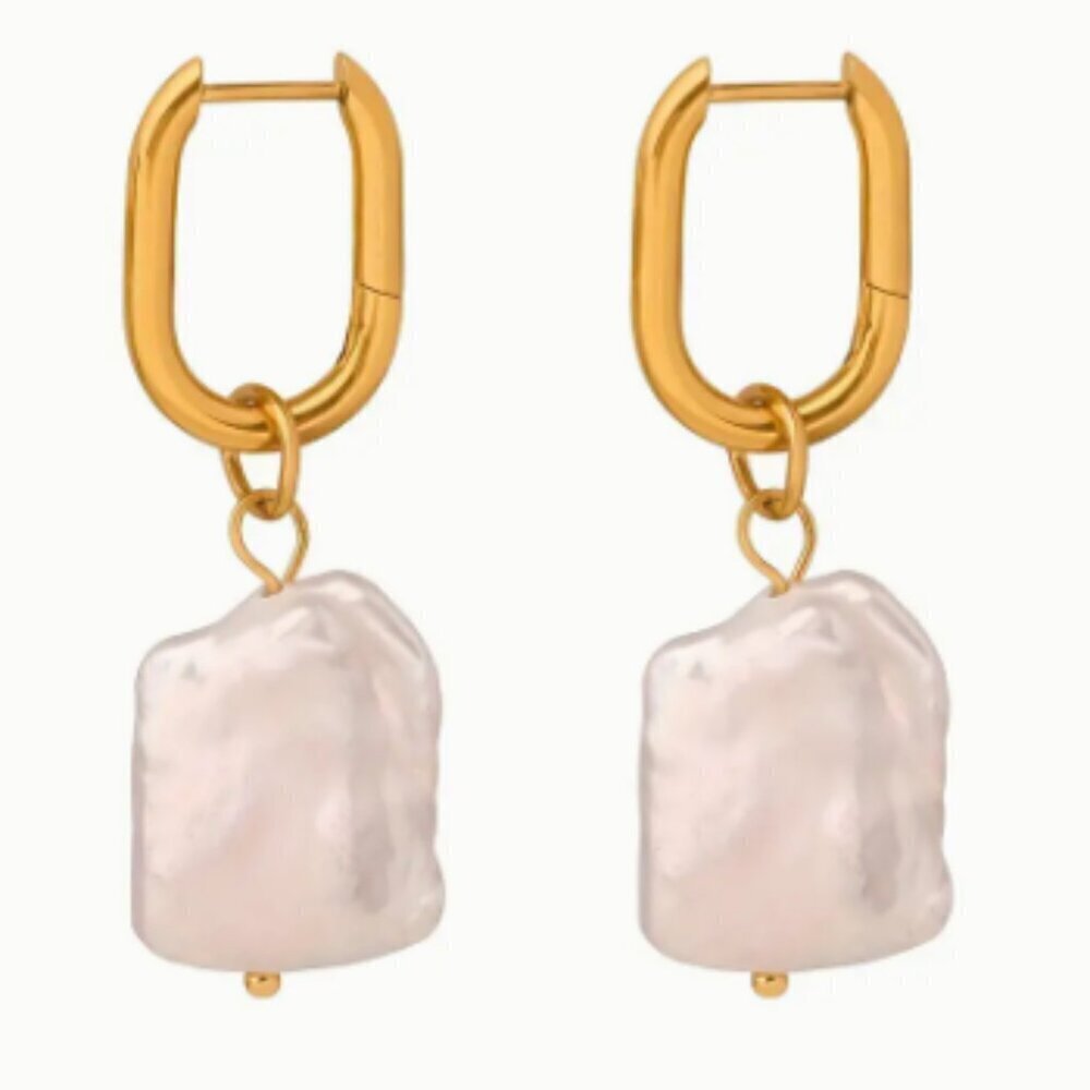 Gold Plated Stainless Steel Square Oval Hoops -Genuine Freshwater Pearl drop